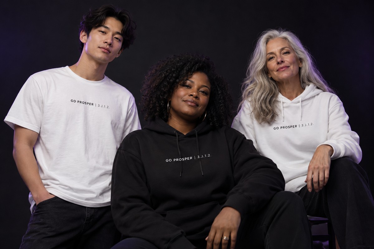 A diverse group of models wearing black and white Inspiration apparel