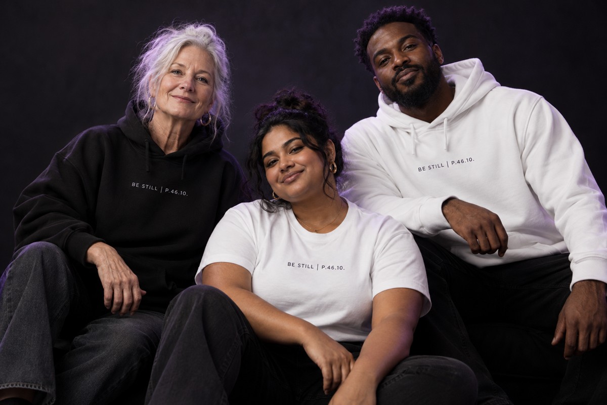 A diverse group of models wearing black and white Stillness & Love apparel